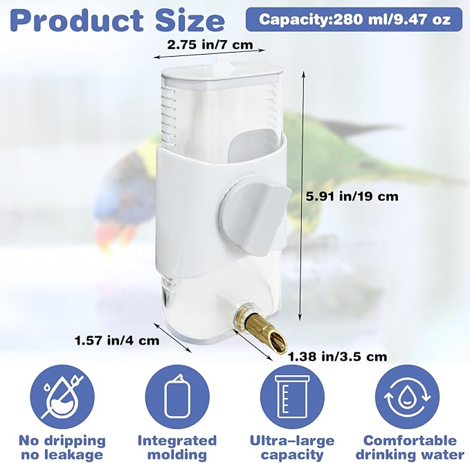 PINVNBY Bird Water Dispenser 9.47 Fl Oz Automatic Parrot Water Feeder Suspended Water Dispenser Bird Cage Accessories for Parakeet Budgie Lovebird Cockatiel Finch (White)