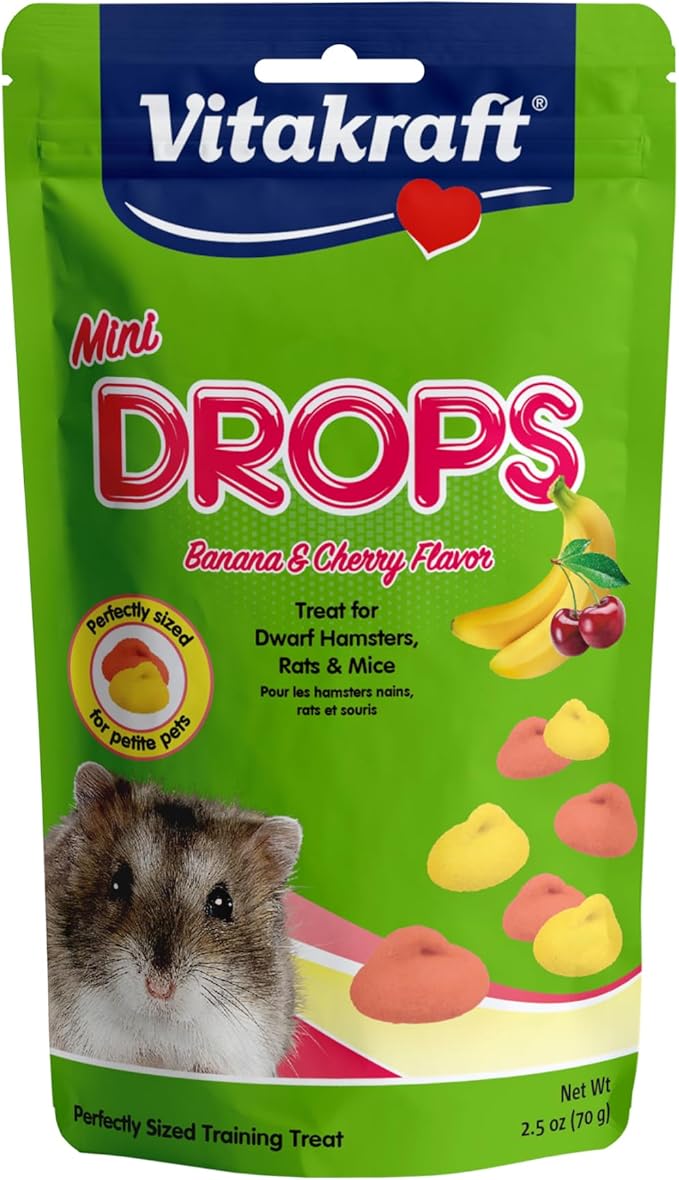 Vitakraft Drops Mini Banana & Cherry Flavor Dwarf Hamster, Rat, and Mouse Treat, 2.5 oz, Multi