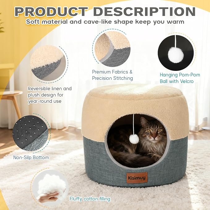 Cat Cave Bed for Indoor Cats, 2-in-1 Calming Anti-Anxiety House & Lounger, Durable Cozy Round Pet Bed with Cushioned Pillow & Anti-Slip Bottom for Small Dogs, 19.7 inches