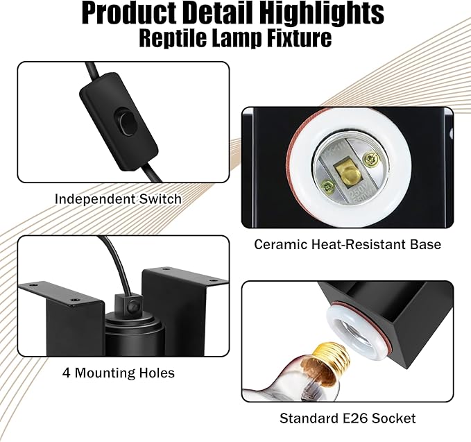 Reptile Ceramic Socket Heat Lamp Fixture, 2Pcs Terrarium Clamp Light Holder for Lizard, Gecko, Snake, Bearded Dragon, Dual On/Off Switch, 300W Max (Bulbs Not Included)