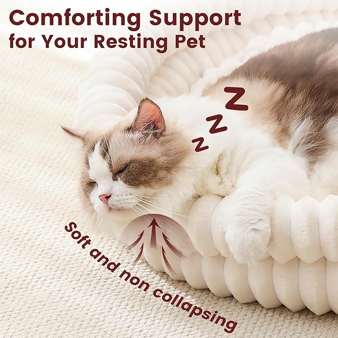 Extra Large Fluffy Cat Beds for Indoor Cats, Washable Round Orthopedic Dog Bed for Small Medium Dogs, Soft Fuzzy Pet Bed with Non-Slip Bottom, Cute Kitten Bed, 27.6x27.6x6.3 in, White