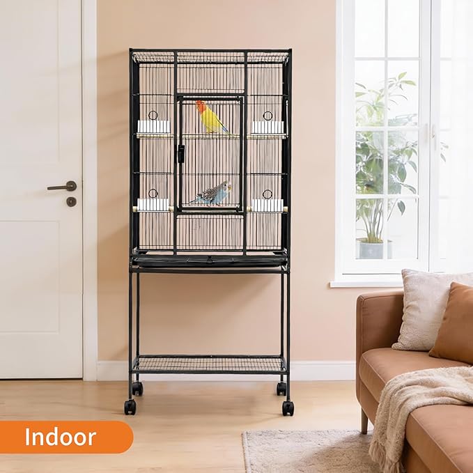 Large Bird Cage, 54" H Big Bird Cage with Stand for Parakeets Parrots Conures Lovebird Cockatiel Black