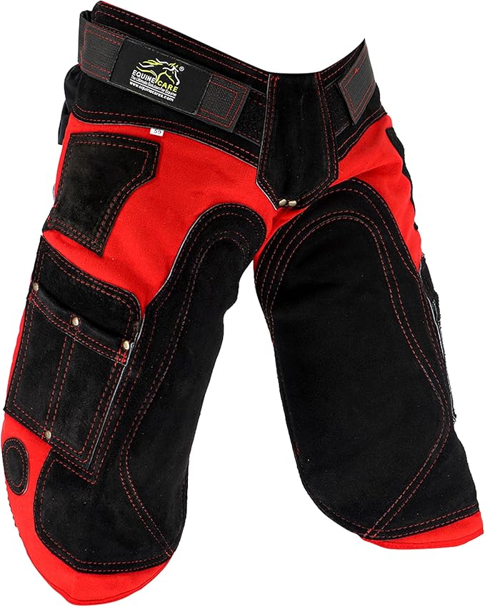 Equine Care Farrier Apron Chaps 2mm Cowhide Leather, 500 GSM Canvas, Air-Mesh, 23" Length, Adjustable Waist (28"-52"), Ergonomic Foam-Padded Thigh & Back Support, 4 Knife Pockets, 2 Nail Magnets.