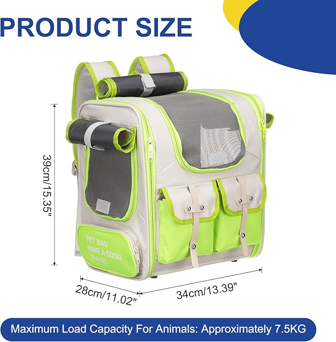 Pet Backpack Carrier, Portable and Ventilated, Oxford Cloth, Dogs Cats and Small Animals Travel Bag 13.39", (Green, 1 Pcs), Intended for Hiking/Camping/Traveling
