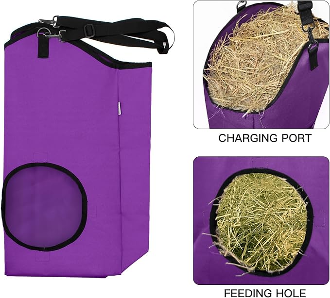 Goat Hay Feeder,Hay Bags for Goats,Horses,Sheep,Premium 600D Oxford Cloth,with Metal Fastener and Adjustable Open Feed Hole for Slow Feeding,Easy to Fill and Hang with Large Opening (Purple)