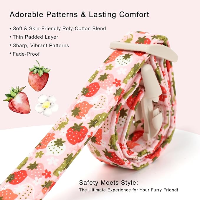 Strawberry Dog Collar for Small Dogs - Cute Spring Pink Dog Collars, Summer Pastel Puppy Collars, Soft Adjustable Boy Girl Dogs Collar with Quick-Release Buckle XS