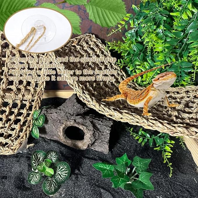 Tfwadmx 2Pcs Bearded Dragon Hammock Lizard Lounger Natural Seagrass Fiber Reptile Habitat Decor with Vine Plant for Hermit Crabs Geckos Snakes