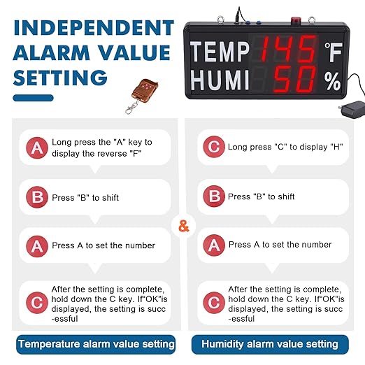JIAWANSHUN Large Led Digital Thermometer Hygrometer, -40°F-248°F & 0-100% RH, High Accuracy 4" LED Temperature and Humidity Monitor with Alarm, Industrial Use for Chicken Farm,Pet House&Greenhouse