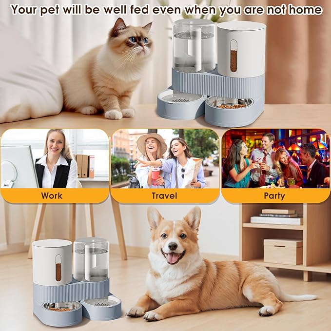 Automatic Gravity Cat Dog Feeder and Water Dispenser with 304 Stainless Steel Bowls 2 in 1 360 Degree Rotatable Auto 2.4L Dry Food and 2.6L Water Bowl for Small Medium Pet Dog Puppy Kitten (Blue)