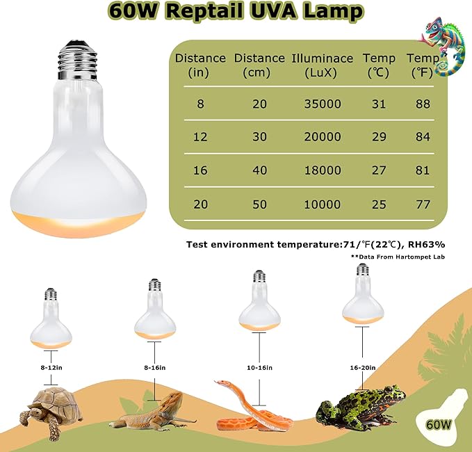 60W Reptile Heat Lamp Bulbs, 2.5 Inch UVA Basking Spot Light for Bearded Dragon, Lizard, Tortoise, Chicks & Amphibians – Simulated Natural Sunlight, Daylight Bulb for Terrarium E26 | 2 Pack