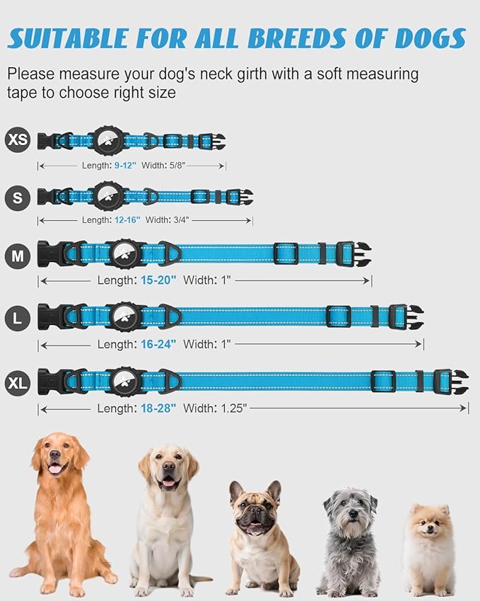 Joytale Airtag Dog Collar, Reflective Pet Collar with Waterproof AirTag Holder, Dual D-Rings, Soft Padded Adjustable for Extra Small and Puppy Dogs, SkyBlue, XS