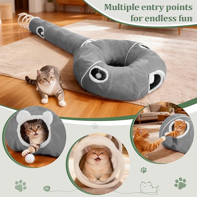 Ownpets 2-in-1 Cat Tunnel, Large Lollipop Shape Cat Tunnel Toy with Fluffy Balls, Spiral Toy, Plush Collapsible Cat Cave Hideout Donut Tunnel for Multi Kitten Puppy Rabbit, Grey