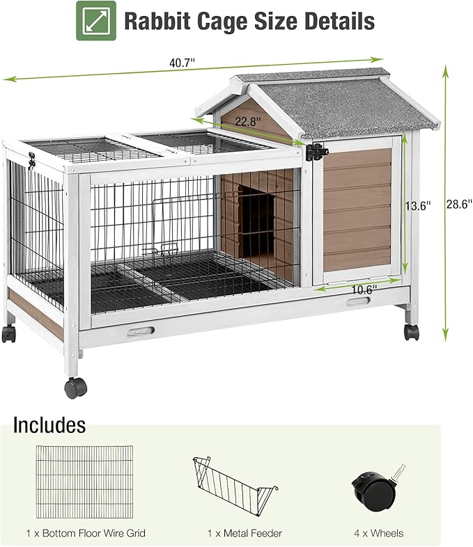 Wooden Rabbit Hutch Indoor and Outdoor, Rabbit Cage with Removable Wire Netting and Leak Proof Tray, Mobile Bunny Cage with Wheels (Brown)