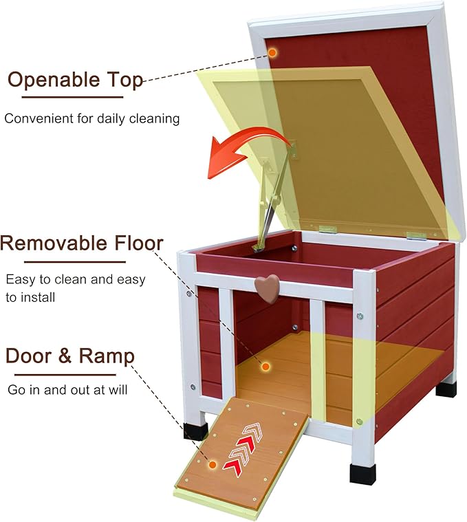 Rockever Outdoor Cat House,Outdoor cat Houses for Feral Cats Weatherproof Rabbit Hutch Small, Wooden Small Pet House and Habitats-Red