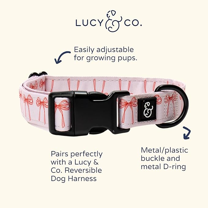 Lucy & Co. Ballet Bows Dog Collar - Durable Lightweight Designer Collar for Pets - Adjustable Metal Safety Buckle - White & Pink Bows - Large