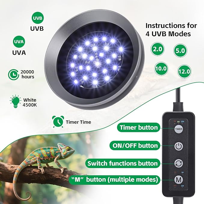 UVB Light for Reptiles with Dimming UVA UVB Reptile Light Fixture with Timer LED UVB Bulb for Bearded Dragon Gecko Turtle Chameleon Lizard Snake Adjustable Brightness Reptile Tank Accessories 6W Grey