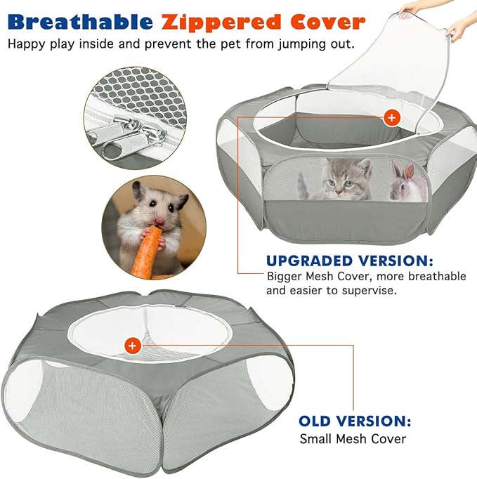 Small Animals Playpen, Waterproof Breathable Indoor Pet Cage Tent with Zipper Cover, Portable Outdoor Exercise Yard Fence for Kitten Hamster Bunny Squirrel Guinea Pig Hedgehog, Gray