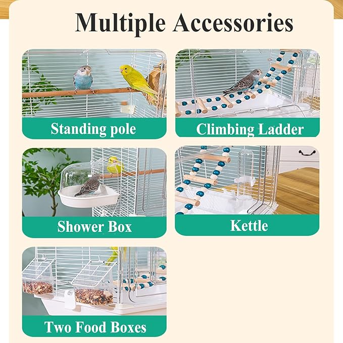 28" Roof Top Bird Cage, 2 Tier Medium Metal Parrot Cage with Accessories Include Cross Bar Climbing Ladder Dual Door Parakeet Cage for Various Bird Species