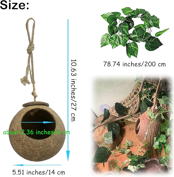 4 PCS Crested Gecko Coconut Hide Natural Lizard Coco Hut Reptile Hanging Nest Flexible Vine Habitat Decoration Bearded Dragon Terrarium Accessories for Tortoise Chameleon Snake Spider