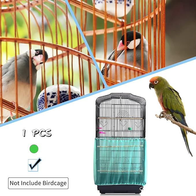 Daoeny Universal Bird Cage Cover, Adjustable Seed Feather Catcher, Soft Airy Nylon Mesh Parrot Net, Birdcage Cover Skirt Sheer Guard for Round Square Cages (Green)