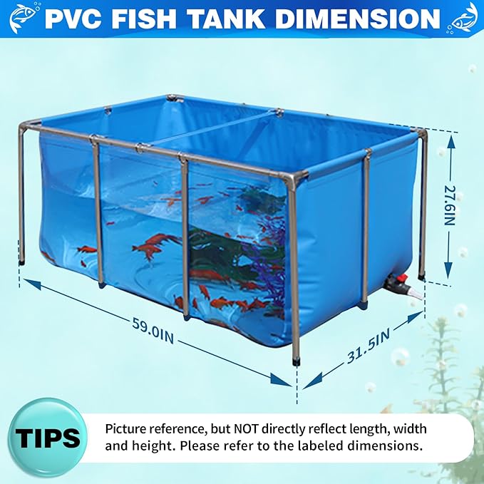 PVC KOI Aquarium Tank, Temporary Fish Tank with Clear Viewing Panel, KOI/Goldfish Pond with 304SS Frame & Drain Valve(59.0" L*31.5" W*27.6" H, About 200Gal Water Capacity)
