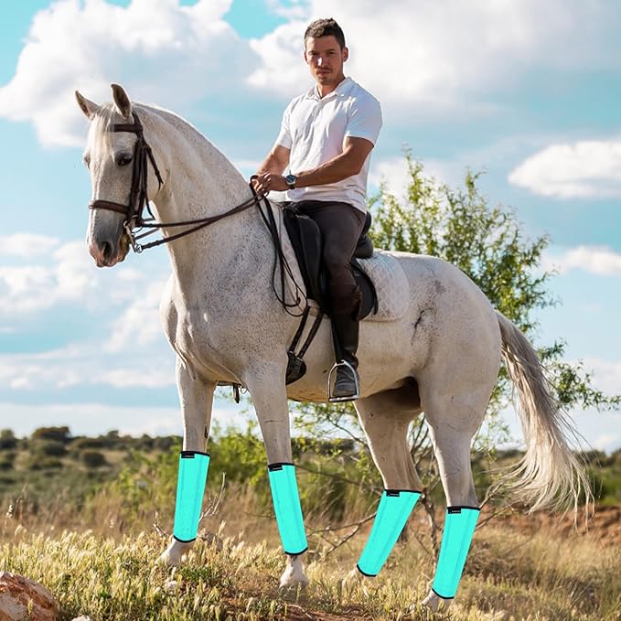 FOXLVDA Horse Fly Boots - Fly Boots for Horses Set of 4, Comfortable Horse Leggings, Mesh Material Design with Metal Support Bars for Reduces Stomping & Leg Fatigue (Green, Medium)