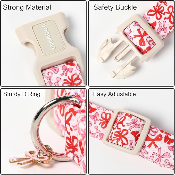DOGWONG Cute Dog Collar, Pink Bow Pattern Dog Collar, Girl Female Dog Collars with Strong Plastic Buckle for Small Dogs,M