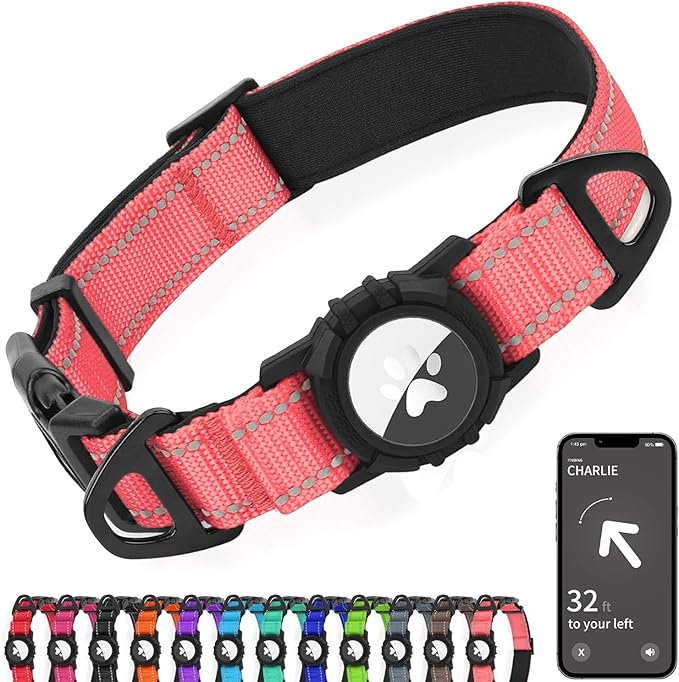 Joytale Airtag Dog Collar, Reflective Pet Collar with Waterproof AirTag Holder, Dual D-Rings, Soft Padded Adjustable for Extra Large Dogs, Neon Pink, XL