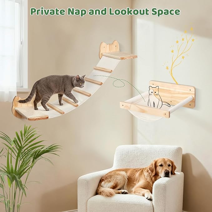 Cat Wall Shelves and Hammock Set, Cat Bridge Wall-Mounted with Climbing Steps and Sisal Roped Scratch Perch, Multi-Level Cats Walls Furniture Bed for Indoor Cats