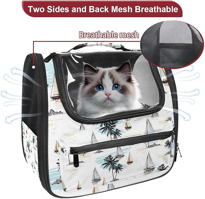 Coconut Palm Trees Sailboat Summer Beach Pet Travel Carrier Soft Sided Portable Bag for Cats, Small Dogs, Kittens or Puppies