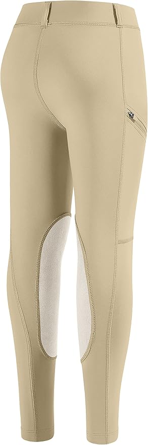 SANTINY Girls Horse Riding Pants with Zipper Pockets Kids Stretchy Equestrian Breeches Knee-Patch Youth Schooling Tights