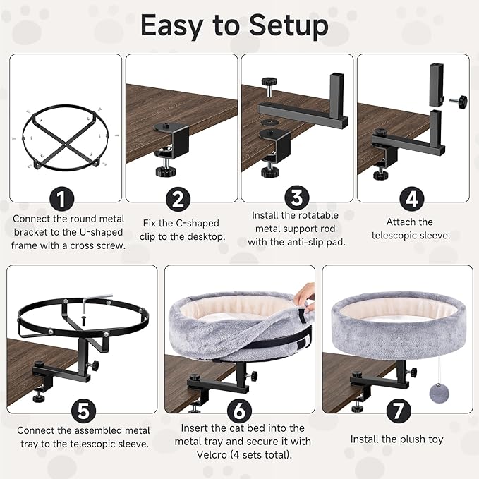 Cat Desk Bed - 360° Rotating & Adjustable, Supports 44 lbs, Soft Faux Fur with Dual-Sided Reversible Mat, Modern Indoor Cat Nest Furniture for Office Desks and Game Tables, Island Table