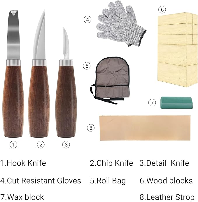Wood Whittling Kit with Basswood Blocks Sets for Adults and Kids Beginners,Carving Set Includes 3pcs Widdling Knife & 8pcs Blocks & Gloves,Gifts for Christmas,Children's Day,Fathers Day,Mothers Day