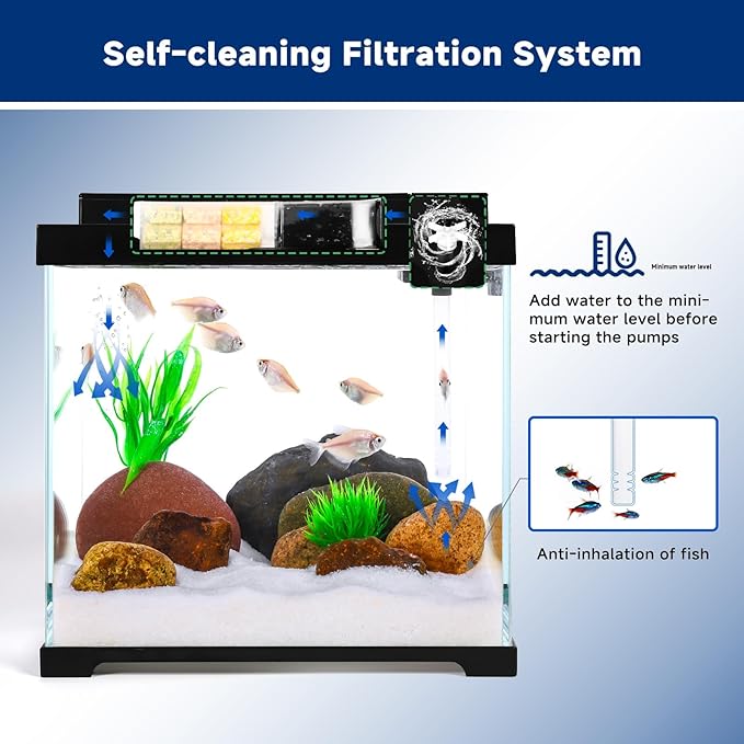 AQQA Small Glass Fish Tank，2.4 Gallon Self Cleaning Aquarium Starter Kits,USB External Controller,Adjustable 4 Color Lighting,Individually Controlled Upper Filtration System Black