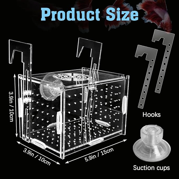 Hamiledyi Acrylic Breeding Isolation Box - Transparent Aquarium Hatchery for Guppy/Shrimp/Small Fish, Safe Nursery Tank with Air Tube & Suction Cups(5.9" × 3.9" × 3.9")