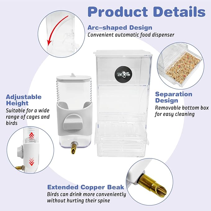 PINVNBY No Mess Bird Feeder & Water Dispenser Set Automatic Parrot Feeder Transparent Food Container Drinker Parakeet Cage Accessories for Cockatiel Budgie Lovebird Finch (White)