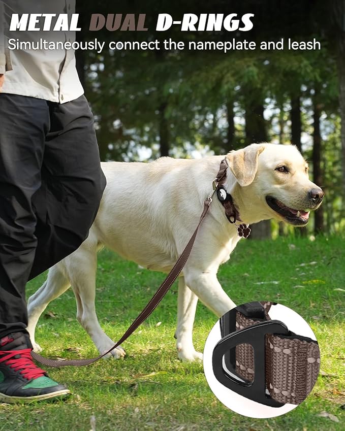Joytale Airtag Dog Collar, Reflective Pet Collar with Waterproof AirTag Holder, Dual D-Rings, Soft Padded Adjustable for Large Dogs, Brown, L