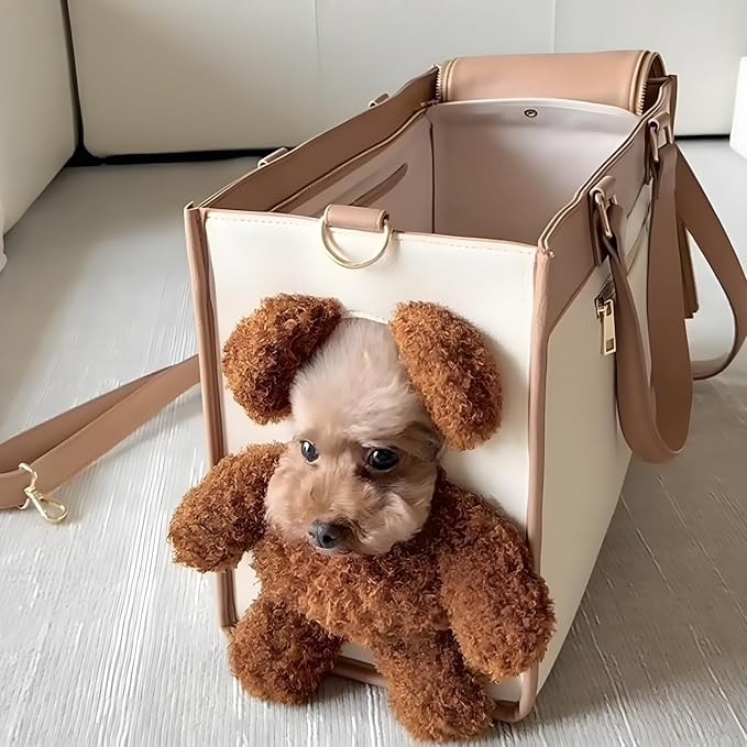 Portable Pet Carrier Bag - One-Shoulder Portable Cute Dog Outing Largecarrier Bag, Cute Bear Face Design with Peekaboo Window, Large Capacity PU Pet Out Shoulder Bag for Small Dogs & Cats (Large)