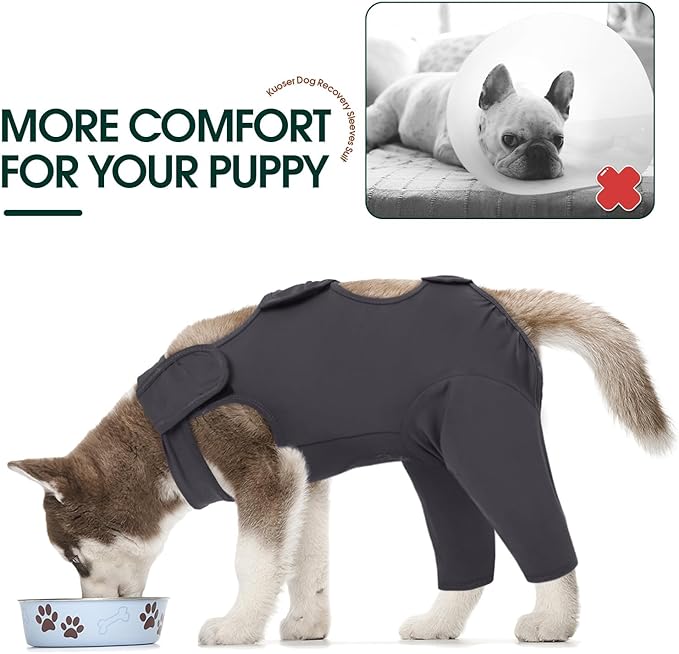 Kuoser Dog Surgery Recovery Suit, Thigh Wound Protective Sleeve for Dogs, Dog Recovery Sleeve for Female Male Dogs, Pet Surgical Suit for Spay Neuter, Dog Onesie After Surgery, Gray M
