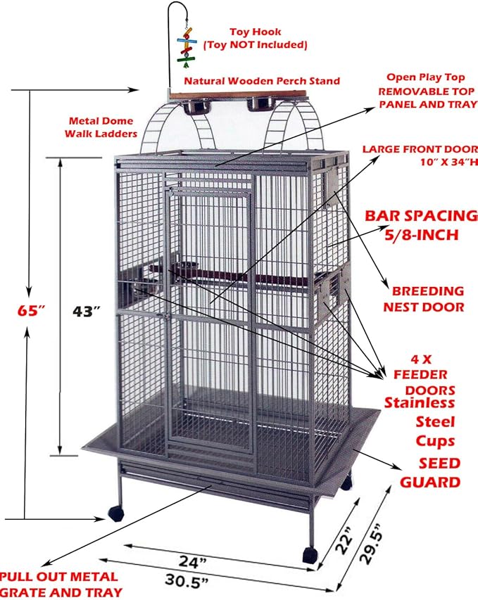 Large Elegant Wrought Iron Play Top Bird Parrot Cage for Small Quaker Amazon Parrot Cockatiel Sun Green Cheek Conure Dove Cockatoo Rolling Stand