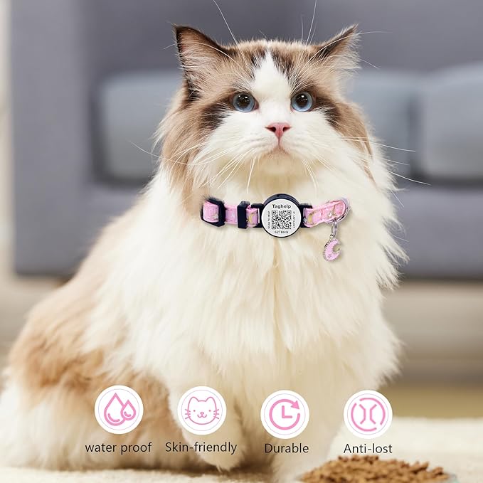 2PCS Breakaway Cat Collars with QR Code Bell Moons Stars Cute Kitty Adjustable Safe Kitten Collars with Pendant Glow in The Dark. Smart ID tag.Real-time scan alerts (Purple&Pink)