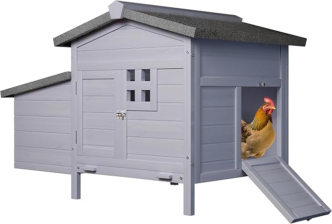 Outdoor Wooden Chicken Coop with Nesting Box – All-Weather Hen House for 3–4 Chickens, Asphalt Roof, Leak-Proof Pull-Out Tray, Predator-Proof Poultry Cage with Multiple Doors Gray