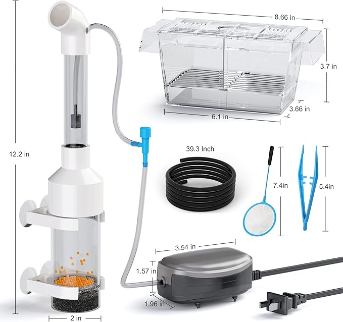 Fish Egg Incubator and Tumbler: Aquarium Cichlid Hatchery with Inbuilt Air Pump - Isolation Breeding Box, Small Fish Net and Tweezer