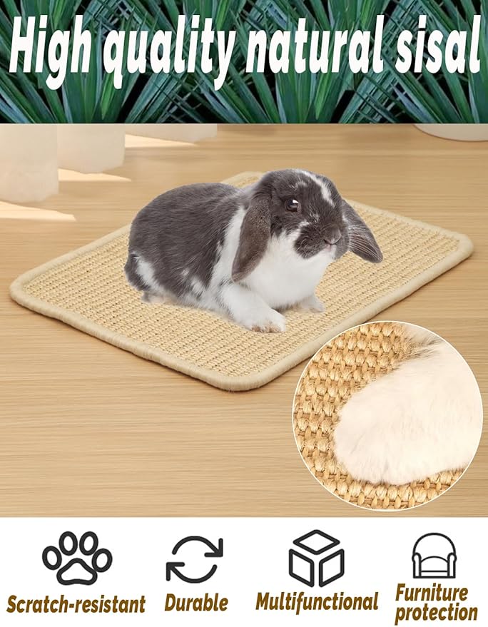 Lagre Rabbit Scratcher Mat 2 Pack Natural Sisal Bunny Scratching Mats, Small Animal Scratch Pad Rug for Indoor Grinding Claw Pad for Guinea Pigs Chinchillas (Beige)