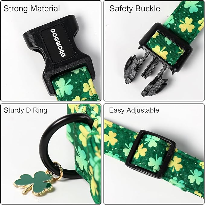 DOGWONG St Patrick's Day Dog Collar-Cute Green Clovers Dog Collars, Adjustable Shamrock Pet Collars Trefoil Puppy Collars with Quick Release Buckle for Girl&Boy Dogs,L