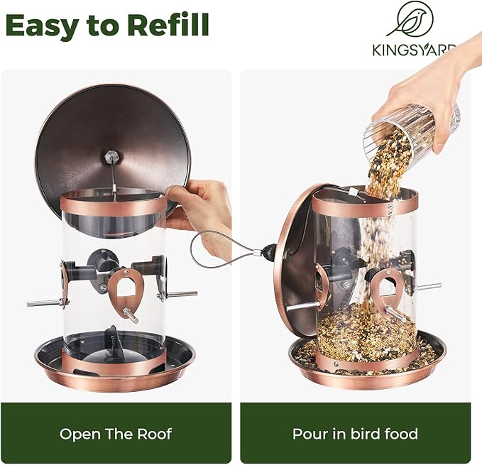 Kingsyard 4.5 lbs Large Metal Bird Feeders for Outdoors Hanging with 8 Ports, Tube Bird Feeder with Seed Tray, Weatherproof Squirrel Proof Roof for Cardinal Finch, Copper