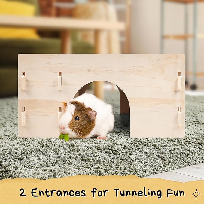 Guinea Pig Hideout with Hay Feeder & Absorbent Mat, Wooden Chinchilla House with Multiple Window, Small Animal Hut Castle for Dwarf Rabbit