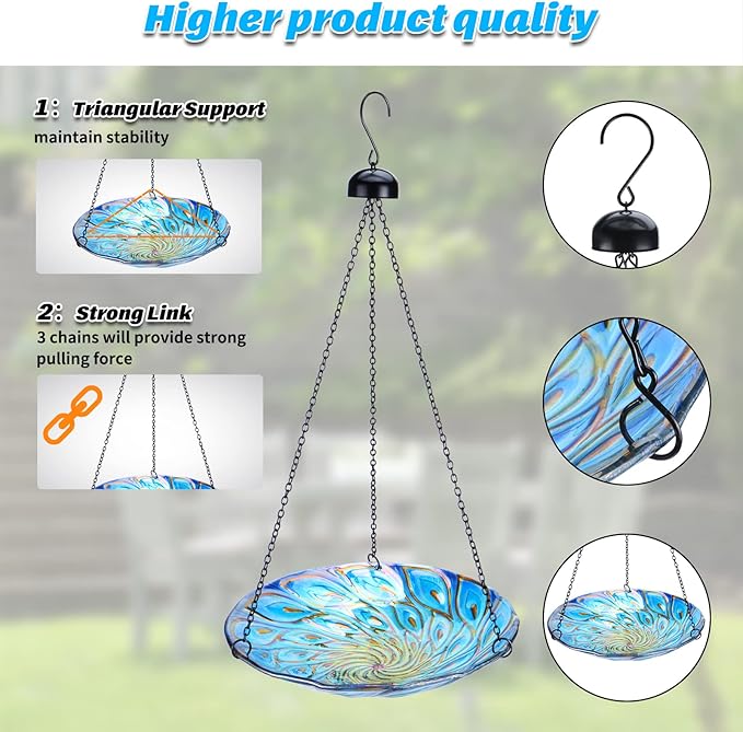 MUMTOP 11 inch Hanging Bird Bath Glass BirdBath Peacock Outdoor Birdfeeder for Garden Yard Decoration