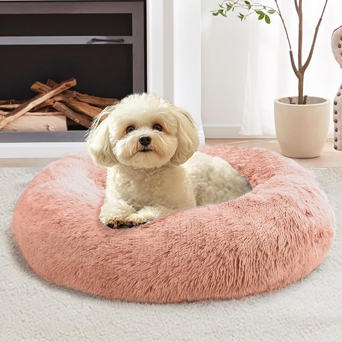 JOLLYVOGUE Calming Dog & Cat Bed for Small Dogs, Anti-Anxiety Donut Cuddler Cozy Soft Round Bed with Anti-Slip Bottom, Fluffy Faux Fur Plush Cushion Beds for Small Medium Pets (20")