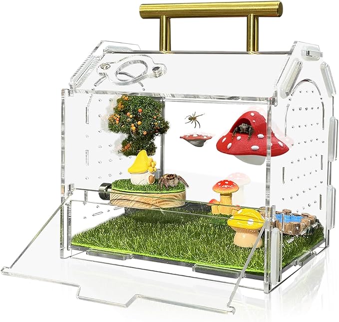 Jumping Spider Enclosure, 5.9" X 4.7" X 5.5" Acrylic Spider Habitat, Front Opening Reptile Terrarium with Matrix Ventilation Holes & Feeding Holes, for Hermit Crab Tarantula Mantises Beetles